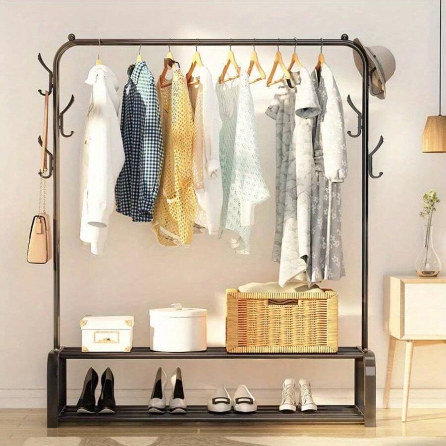 Clothes Rail Heavy Duty Clothing Rail For Bedroom Metal Garment Rack 110x33x150cm Clothing Rack With 2 Tier Shoe Storage Shelf And 6 Side Hooks Coat Rack Hanging Rail For Clothes