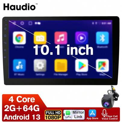 Haudio 10-Inch Android Universal Double Din Car Stereo, CarPlay & Android Auto GPS Navigation, Android 13, 2GB+64GB, FM Radio, High-Definition Display, Mirror Link, Bluetooth, AHD Backup Camera