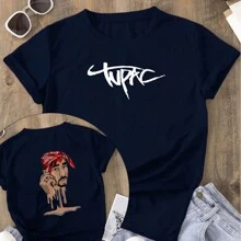 Women's T-Shirt Front And Back Printed Shakur Makaveli Rap Rapper T-Shirt Various Colors 100% Cotton - Azul Marino - Ver 1