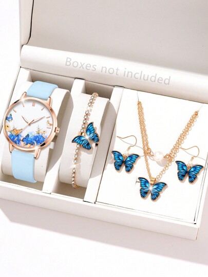 5pcs/Set Women's Fashion Butterfly Theme Watch Set - Includes Quartz PU Leather Watch, Butterfly Decor Bracelet, Rhinestone Butterfly Pendant Necklace