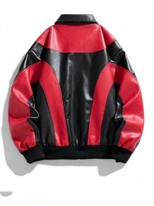 撞色运动 PU 皮夹克，男友风格男士防风保暖翻领摩托车外套，秋季