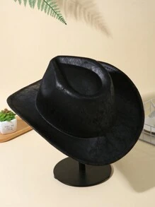 1pc Unisex Solid Boho Cowboy Hat Jazz Panama Hat Cowgirl Hat Soft Felt Hat Fedora Hat Western Suitable For Party - 黑色 - 查看 3