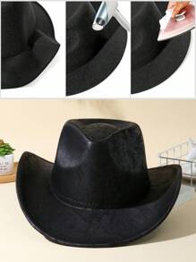 1pc Unisex Solid Boho Cowboy Hat Jazz Panama Hat Cowgirl Hat Soft Felt Hat Fedora Hat Western Suitable For Party - 黑色 - 查看 4