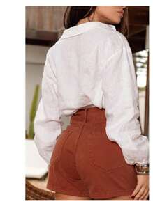 Women's High Waist Mom Twill Shorts With Waistband Detail - 鏽棕色 - 查看 2