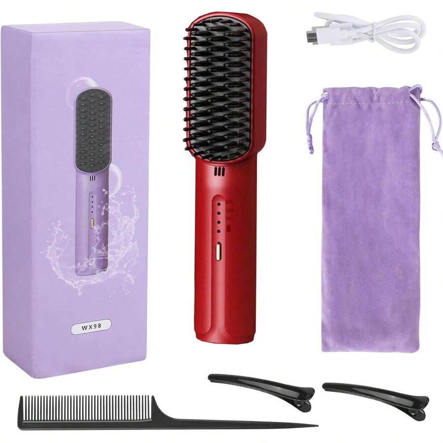 Mini Portable Cordless Hair Straightener Hot Comb Hair Straightener Negative Ion 3 Temperature Settings, Instant Heat, Heat Safety - Portable Perfect For Home, Travel, Perfect Gift For Women - 紅色 - 查看 1