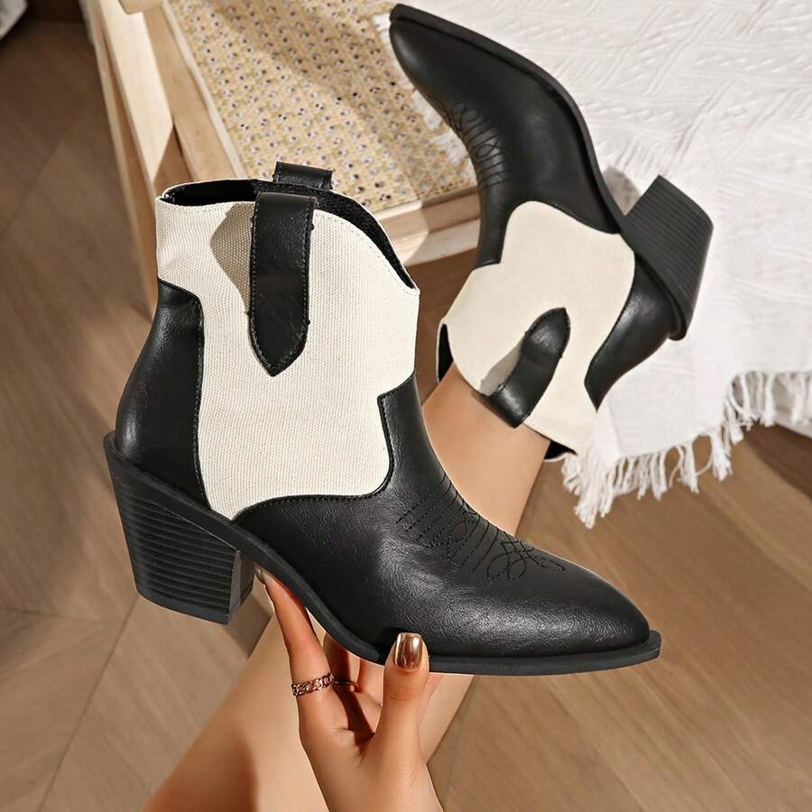 英式西部靴女款，新款秋冬黑色粗高跟尖头刺绣短马靴 - 米色 - 查看 1