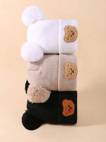 3-Piece Double Ball Decorated Bear Embroidery Knitted Hat Combination, Fashion Cute Bear, Suitable For Daily Leisure Collocation