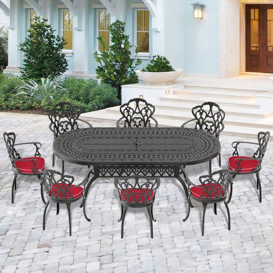 HZZKEY Black 9Piece Cast Aluminum Outdoor Dining Set With Oval Table