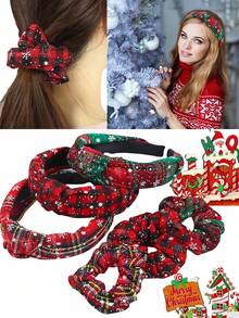2 buc bentiță de Crăciun cu fundă în carouri, cerc colorat pentru legături de păr, set cadou accesorii sezoniere pentru păr, accesorii de păr, diademă, cerc pentru păr, bentiță de păr, articole școlare,