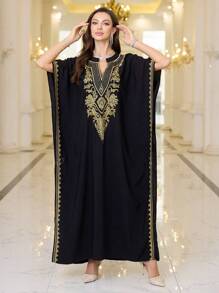 Black Embroidered Arabic Style Standing Collar Dress Thobe For Women House Dress Kaftan