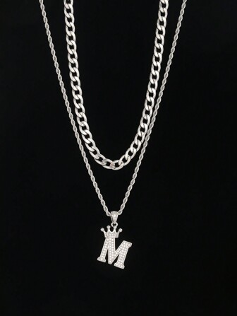 2 件/套水钻镶冠首字母吊坠扭链和费加罗链多层项链 A-Z 定制名字字母项链适合男孩女孩日常装饰