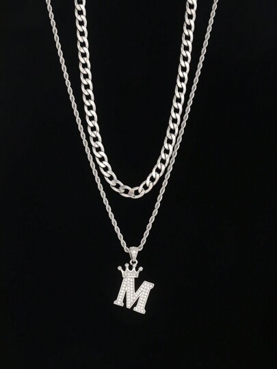 2pcs/Set Rhinestone Paved Crown Initial Letter Pendant Twisted Chain & Figaro Chain Multi-Layer Necklace A-Z Customized Name Alphabet Necklace For Boys Girls For Daily Decoration