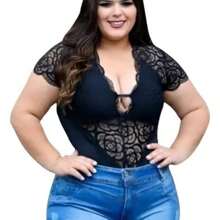 Lace Bodysuit Plus Size Short Sleeve Lace Bodysuit Summer Fashion Plus - 黑色 - 查看 2