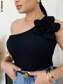 Women's Basic Tank Top Flower One Shoulder Casual Ribbed Ribbed Elegant Basic Chic Luxury Fashion Blogger - màu đen - Xem 1