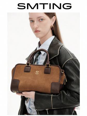 SMTING Autumn/Winter Suede Retro Boston Tote Bag For Women, Coffee Brown,Wide Strap, Shoulder/Crossbody, Color Patchwork, Fashionable Handbag, Spacious For Commute