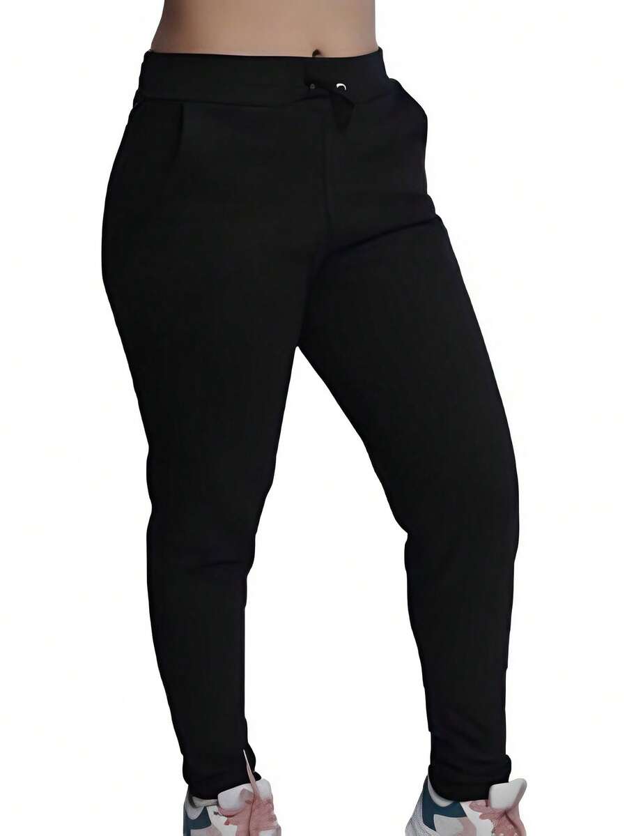 Women's Ribbed Sweatpants With Pocket Flannel Comfortable Basic Traditional - màu đen - Xem 1