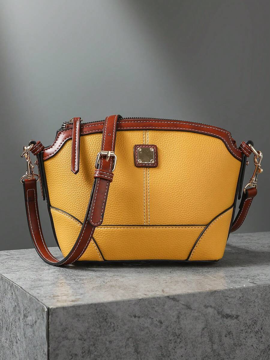 Women's Crossbody Bag, Fashion Chic Shoulder Purse, Two-Tone PU Leather, Adjustable Strap, Casual Everyday Satchel - 黃色 - 查看 1