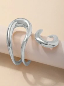 1/2pcs Geometric Metal Bracelet, Minimalist Style, Exaggerated Design, Streamlined Bangle, Thick Cuff - Gold - View 8