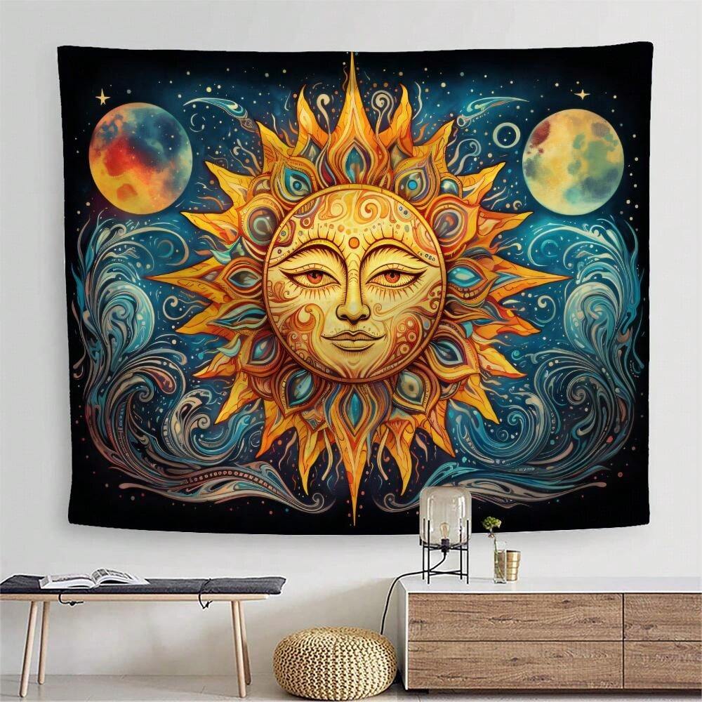 1pc Textile Wall Hanging With Face & Sun Print, Comes With 3 Wall Pins