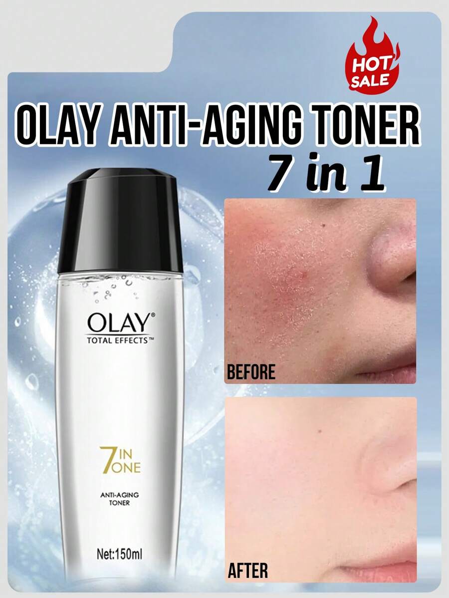 Olay Tônico facial 7 em 1, 150ml, hidratante e iluminador, fragrância suave, leve e de fácil absorção, formulado com vitamina B5 e niacinamida, ajuda a melhorar o tom da pele, reduzir linhas finas, antienvelhecimento, adequado para todos os tipos de pele, especialmente desenvolvido para peles maduras, usar de manhã e à noite como passo de tonificação na sua rotina de cuidados com a pele. - 150ml - Ver 1