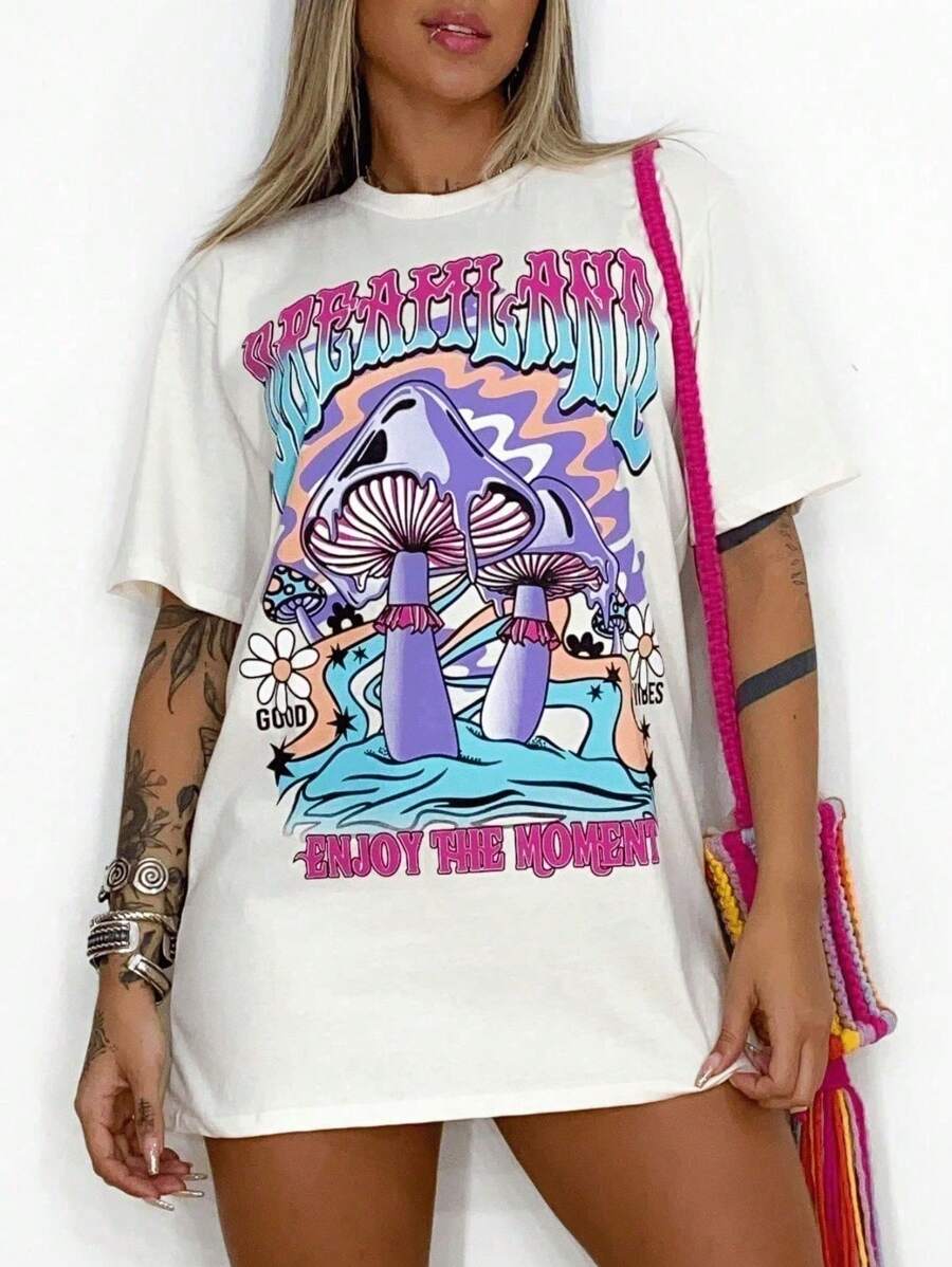 Women's Mushrooms T-Shirt Unisex 100% Cotton OVERSIZE - 白色 - 查看 1
