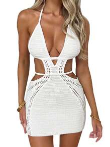 Women's Halter Bodycon Mini Dress, Sleeveless Tie Backless Hollow Out Knit Beach Dress - 白色 - 查看 10