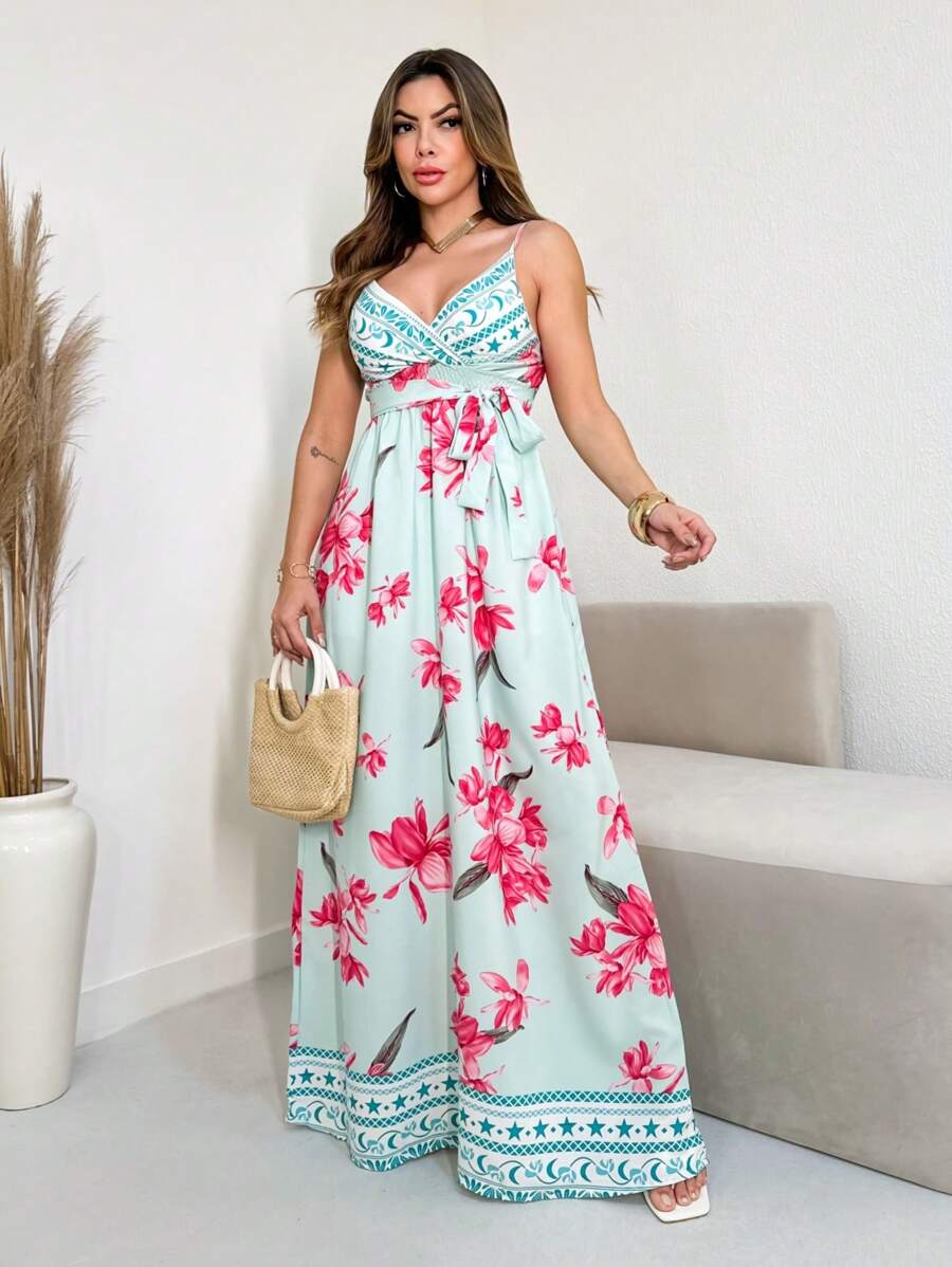 Women's Long Floral Dress Adjustable Straps With Padded Summer - 綠色 - 查看 1