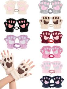 可爱毛绒猫爪冬季保暖女童半指手套，可爱挂脖韩国卡通厚毛绒儿童手套 - 彩色 - 查看 1