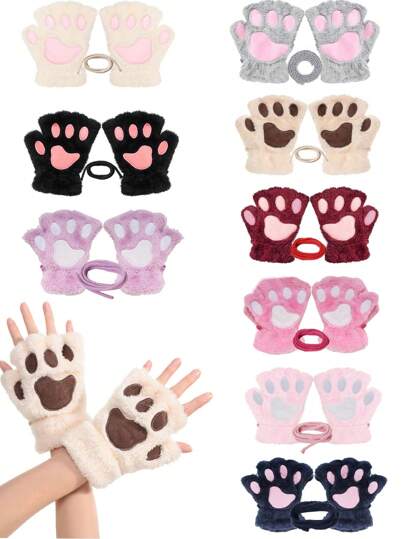 可爱毛绒猫爪冬季保暖女童半指手套，可爱挂脖韩国卡通厚毛绒儿童手套