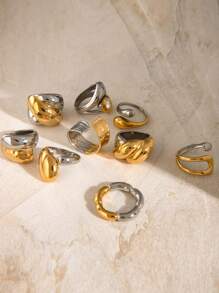 1 件女士不锈钢花朵戒指，金色和银色双色戒指，时尚叠层几何戒指，日常和派对珠宝礼物情人节