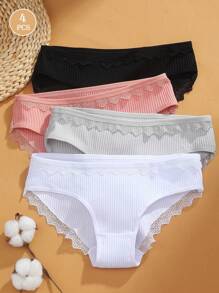 4 件装女士蕾丝边纯色三角裤 - 彩色 - 查看 1