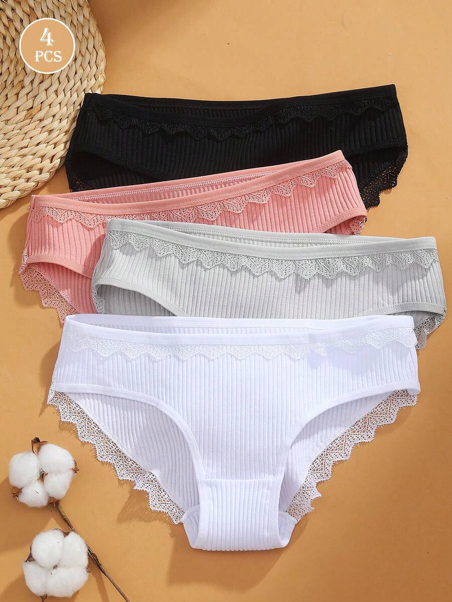 4 件装女士蕾丝边纯色三角裤 - 彩色 - 查看 1