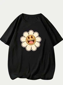 Flower Smile Printed T-Shirt Unisex Fashion Comfort Short Sleeve T-Shirt - 黑色 - 查看 1