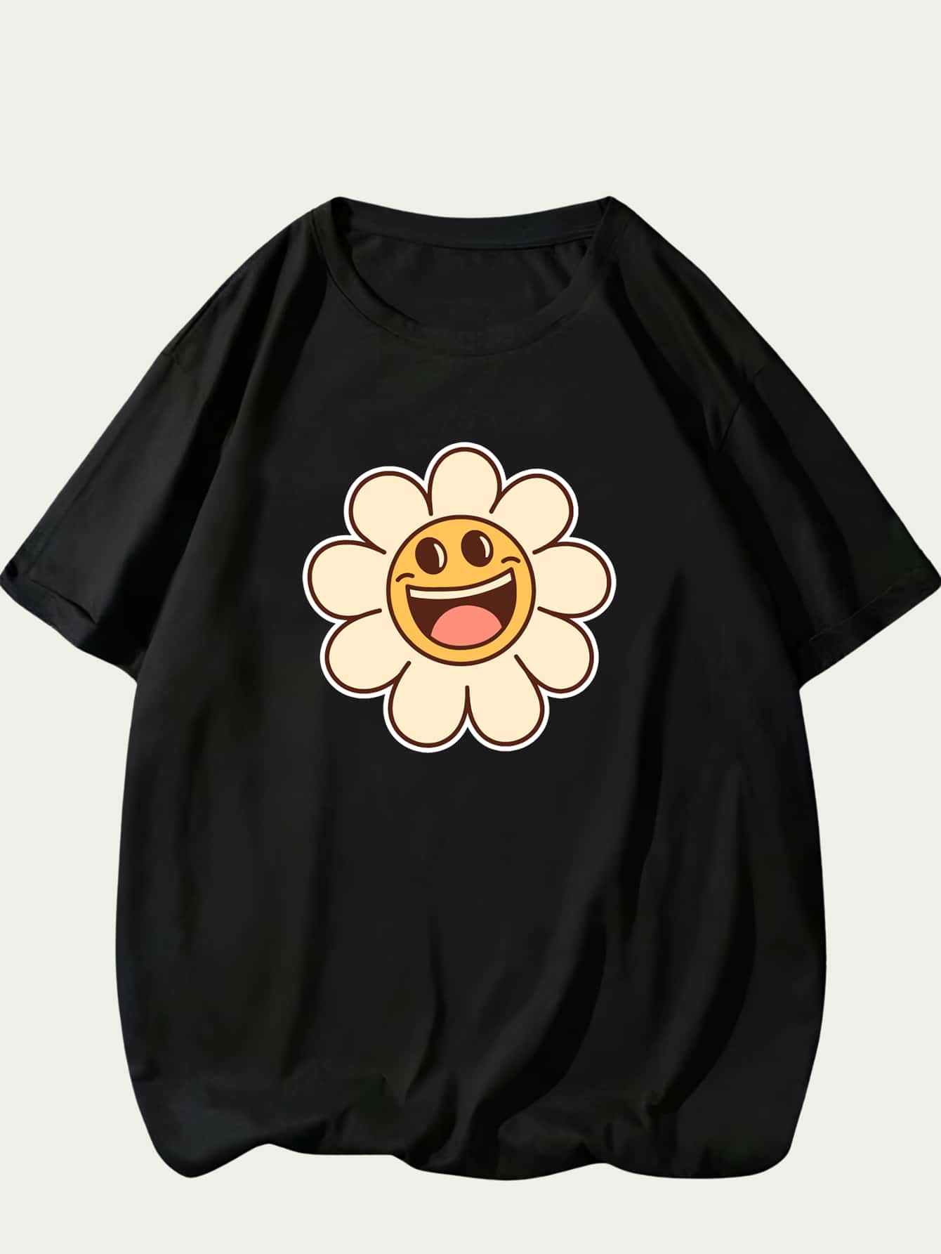 Flower Smile Printed T-Shirt Unisex Fashion Comfort Short Sleeve T-Shirt - 黑色 - 查看 1
