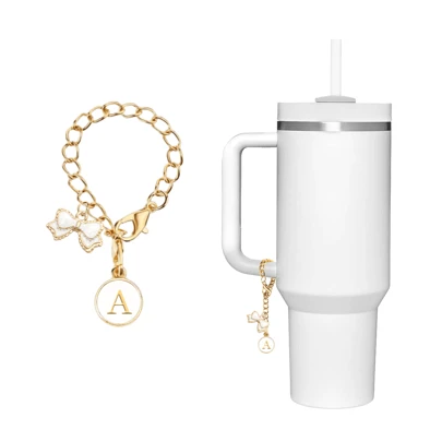 1 Pc Letter Charm Accessory, Suitable For Cup Name Tag, Initial Handle Personalized Charm, Suitable For Glass Water Cup Handle, Identification Letter Charm Chain, Bow, Pink White, Mother's Day Gift, Back To School Supplies