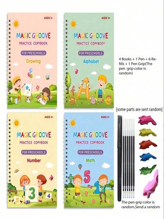 4 böcker + 1 penna + 6 påfyllningar + 1 penngrepp (färg för penngrepp: blå, rosa, röd, gul, grön, lila - slumpmässig färg) 1 uppsättning återanvändbara arbetsböcker för handskrift för barn, för att förbättra barns skrivförmåga genom bekväm spårning , Vanliga ord, räfflor och magiövningar Pedagogiska spel, lära sig skriva, pedagogiskt, böcker, leksaker, Adhd