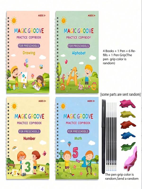 4 Bücher + 1 Stift + 6 Ersatzmine + 1 Stiftgriff (Stiftgrifffarbe: Blau, Pink, Rot, Gelb, Grün, Lila - Zufällige Farbe) 1 Set wiederverwendbare Handschriftübungshefte für Kinder, um die Schreibfähigkeiten der Kinder durch bequemes Nachfahren, gängige Wörter, Rillen und pädagogische Lernspiele zu verbessern, Schreiben lernen, Bildung, Bücher, Spielzeug, ADHS