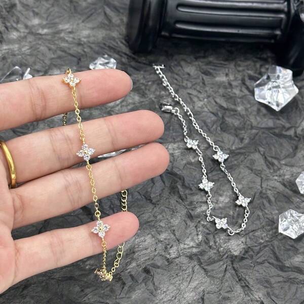 1 pièce Bracelet zirconium minimaliste à la mode, plaqué or 18 carats, imperméable, chaîne pendentif fleur mini, cadeau de bijoux de luxe pour femmes - Saint-Valentin, maman, mère, Fête des Mères
