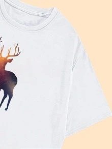 Starry Sky Deer T-Shirt Women's Blouse Print Premium Comfort Casual Streetwear - 白色 - 查看 4