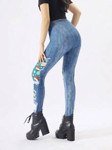 Christmas Print Denim Effect Series, Tight Leggings, Minimalist Style Tights