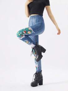 Christmas Print Denim Effect Series, Tight Leggings, Minimalist Style Tights