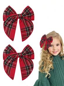 2 piezas Pinzas de pelo con moño de terciopelo a cuadros lindos y accesorios para niñas - Leyenda navideña roja y verde (2 paquetes) de vuelta al colegio - Multicolor - Ver 3