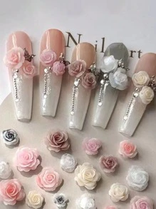 50pcs Mixed Size Retro Rose Resin Carved Camellia Flower Nail Art Decorations, Including Roses, For Nail Accessories (Nails NOT Included) DIY Nail Charms Nail Gems Nail Supplies