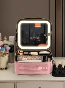 Étui à maquillage avec miroir lumineux LED, 3 couleurs de lumière LED, sac à maquillage professionnel, boîte à maquillage pour artiste de beauté, organisateur de vanité avec compartiments amovibles. Cadeau pour anniversaire/fête des mères/vacances. Fournitures de voyage et d'école, essentiels de voyage, trousse de maquillage, accessoires essentiels de vacances, sac cosmétique, sac de maquillage, organisateur de maquillage, rangement de maquillage, fournitures de rentrée scolaire