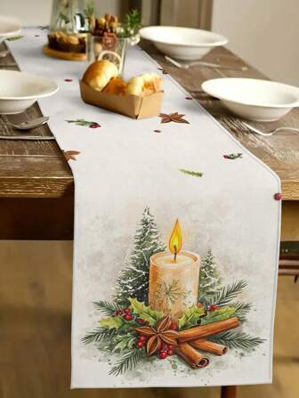 1 件复古圣诞蜡烛图案桌旗，圣诞家居装饰桌旗，室内户外派对用品，房间装饰。适用于圣诞节家庭厨房装饰和圣诞节活动派对装饰。