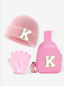 Set de 3 piezas para bebés y niños: Gorro con estampado de 26 letras, guantes y bolsa tipo monedero. Conjunto de ropa de invierno para niñas, apto para uso diario de niñas pequeñas en otoño e invierno. Accesorio de moda con monedero.