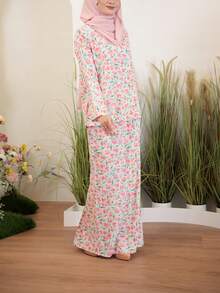 马来服装 Baju Kurung 花卉全印花长袖超长款朴素女式上衣和裙子套装，优雅休闲 - 彩色 - 查看 3
