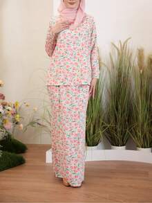 马来服装 Baju Kurung 花卉全印花长袖超长款朴素女式上衣和裙子套装，优雅休闲 - 彩色 - 查看 1