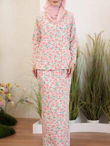 马来服装 Baju Kurung 花卉全印花长袖超长款朴素女式上衣和裙子套装，优雅休闲 - 彩色 - 查看 2
