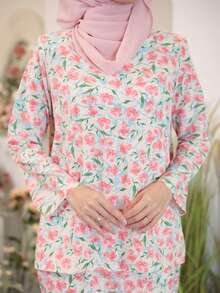 马来服装 Baju Kurung 花卉全印花长袖超长款朴素女式上衣和裙子套装，优雅休闲 - 彩色 - 查看 5